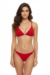Red ribbed triangle bikini set with ring details, minimal swimwear on white background