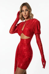 Elegant red cutout mini dress with long gloves, luxury evening outfit for women