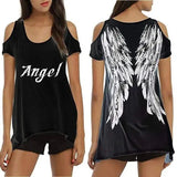 Women's Angel Wing Cutout Shoulder Tee-Black-1