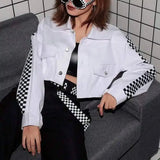 Checkered Sleeve Cropped Denim Jacket-white-1