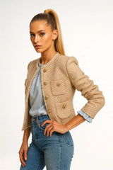 Women's Beige Tweed Jacket with Gold Buttons – Chic Short Blazer Outfit