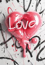 3D glossy pink heart-shaped balloon with 'Love' inscription against a splattered black and white graffiti background