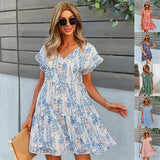 Lovemi - Kurzarmkleid mit Blumendruck, lockeres Chiffon-A-Linien-Kleid für den Sommer, modisch, lässig, für den Urlaub, Strandkleid für Damen