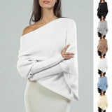 Lovemi - Lockere Pullover-Oberteile mit Fledermausärmeln, schlichte, lässige Mode, vielseitiger, einfarbiger Rundhalspullover für Damen
