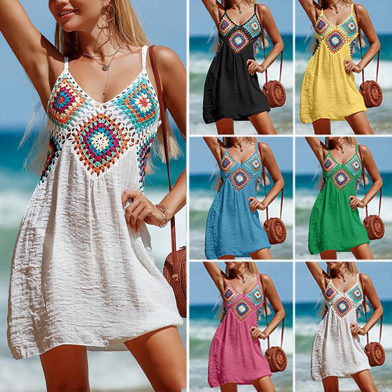 Lovemi - Ärmelloses Sommerkleid mit böhmischem Muster, V-Ausschnitt, hohles Strandkleid