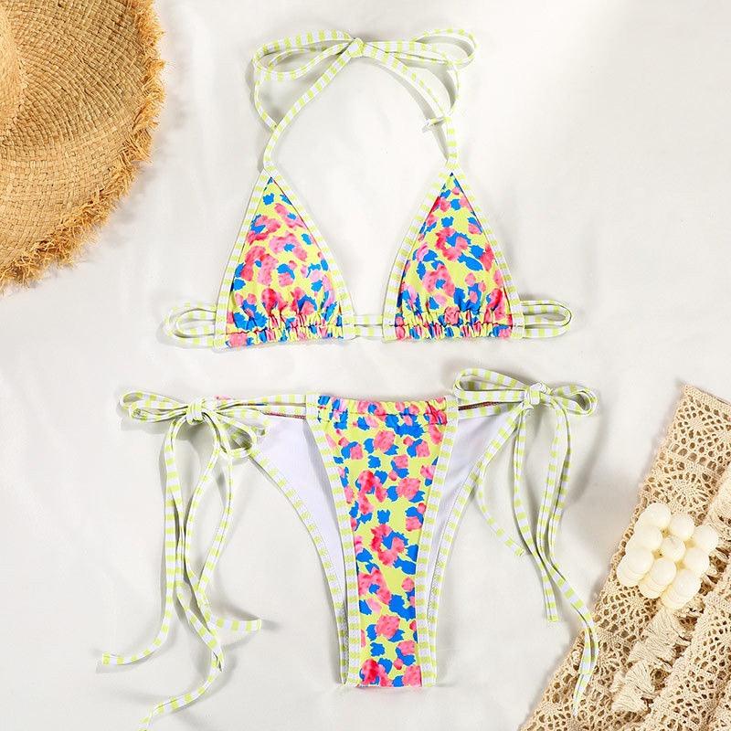 Lovemi - Geteilter Badeanzug für Damen, kontrastierender Print, Träger, sexy Bikini
