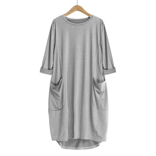 Lovemi - Feitong Übergröße Boho Damenkleid Lässiges lockeres Kleid mit Tasche Rundhalsausschnitt Minitops Kleid