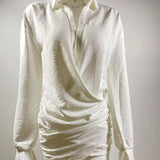 Lovemi - Weißes Langarmshirt mit V-Ausschnitt, sexy, modisches Leinen-Kurzkleid für Damen