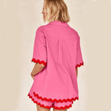 Lovemi - 2-teiliger Sommer-Hemdanzug mit kurzärmligem V-Ausschnitt-Shirt und Shorts, modischer Wellen-Print-Anzug für Damenbekleidung