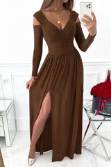 Slit Surplice Long Sleeve Maxi Dress-Brown-7