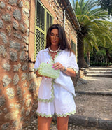 Lovemi - 2-teiliger Sommer-Hemdanzug mit kurzärmligem V-Ausschnitt-Shirt und Shorts, modischer Wellen-Print-Anzug für Damenbekleidung