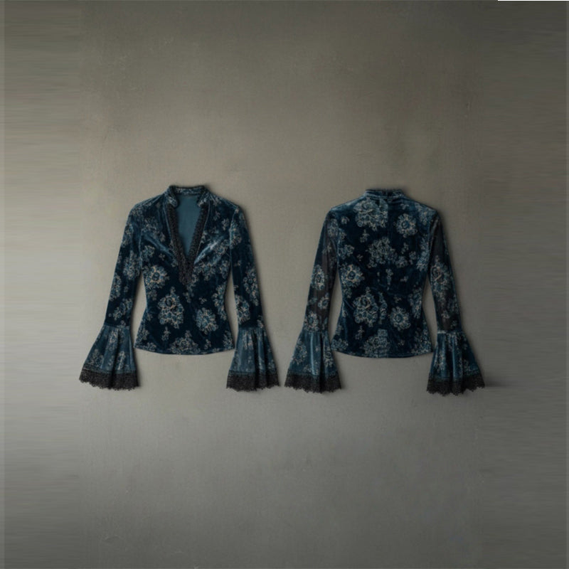 Retro Lace Panel V-Neck Blouse