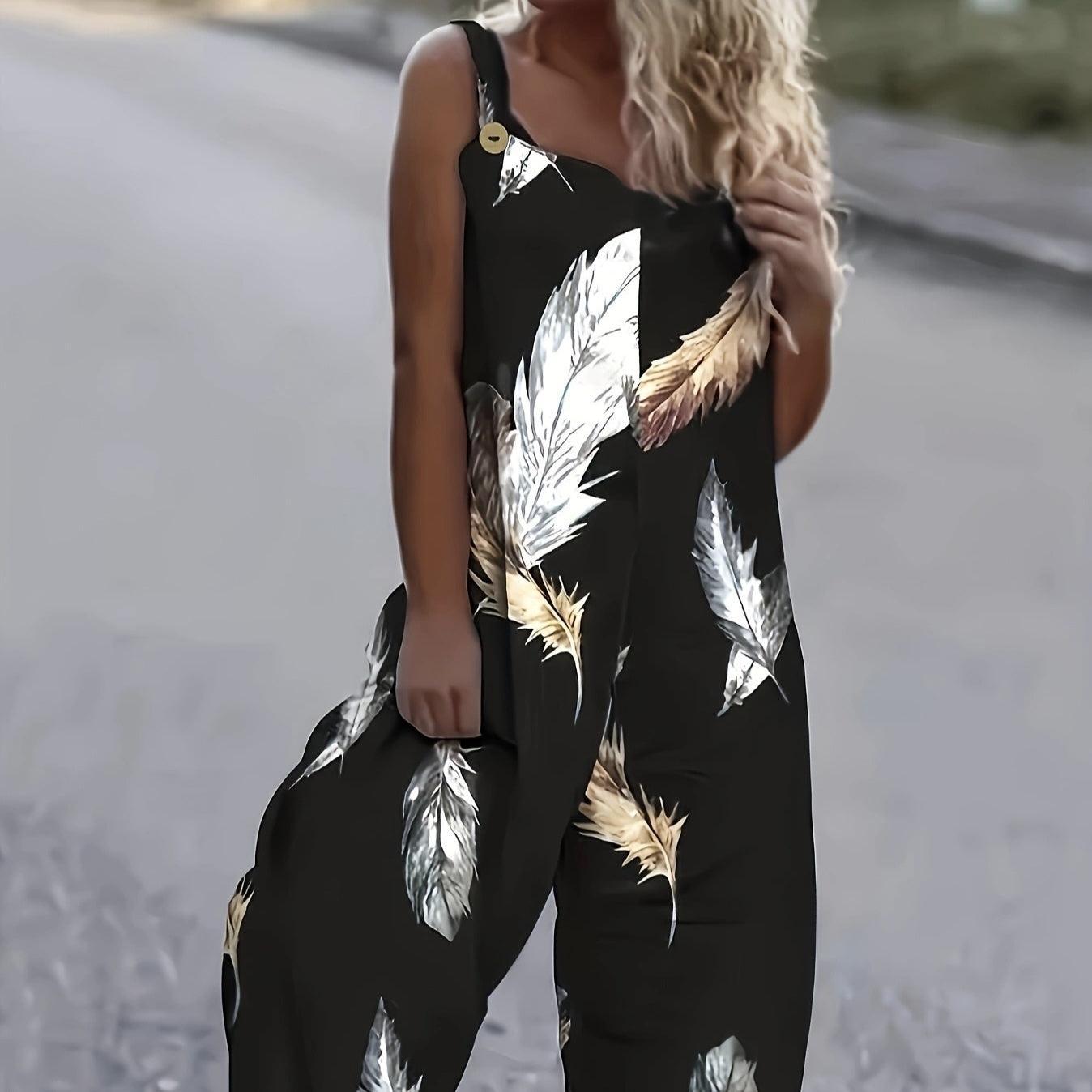 Women’s Feather Print Ruffle Hem Pleated Jumpsuit | Fashionable and Chic