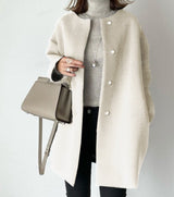 Straight Cardigan Fitted Round Neck Woolen Coat