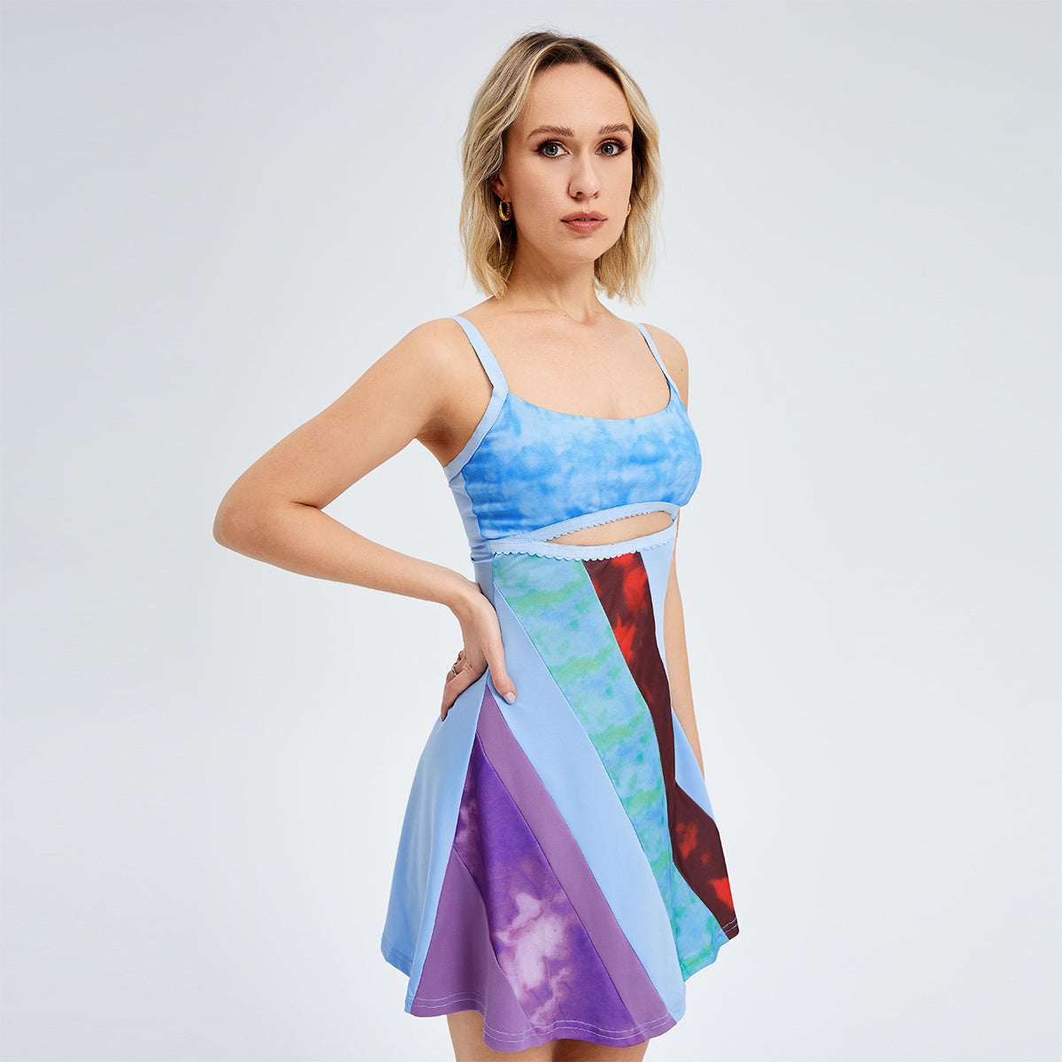 Lovemi - Modisches Kleid mit Strumpfhaltern auf der Rückseite, sexy U-Ausschnitt, farblich abgesetzter A-Linien-Rock