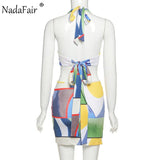 Lovemi - Nadafair Minikleid mit mehreren Aufdrucken, figurbetontes Festival-Club-Outfit für Damen, rückenfrei, mit Krawatte, Neckholder, Sommer-Strand, mit Aussparungen, sexy Kleid 