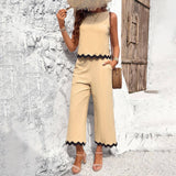 Lovemi - Sommeranzug mit Wellen-Print, ärmelloses Oberteil und gerade geschnittene Hose, modisches, lässiges, einfarbiges 2-teiliges Set für Damenbekleidung