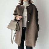 Straight Cardigan Fitted Round Neck Woolen Coat
