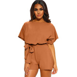 Women's Round Neck Short-sleeved Lace-up Jumpsuit