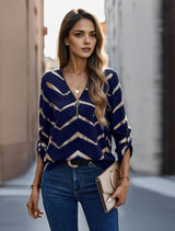 Lovemi -  Women's Casual Long-sleeved V-neck Striped Shirt