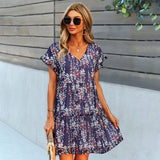 Lovemi - Kurzarmkleid mit Blumendruck, lockeres Chiffon-A-Linien-Kleid für den Sommer, modisch, lässig, für den Urlaub, Strandkleid für Damen