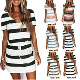 Lovemi - Kurzarmkleider mit Streifenmuster, Sommermode, V-Ausschnitt, Kordelzug-Design, kurzes Kleid, Strandbekleidung für Damen