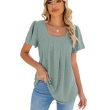 Lovemi - Sommer-T-Shirt mit eckigem Ausschnitt, plissiert, kurzen Ärmeln, lockeres, einfarbiges Oberteil mit Rüschen und hohlem Design für Damenbekleidung