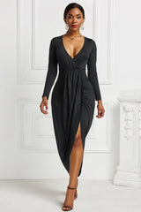 High-low Ruched Surplice Long Sleeve Dress-Black-41