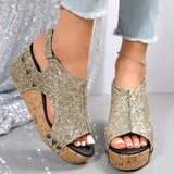 Sandales à talons compensés d'été pour femmes, chaussures Velcro à paillettes, à la mode
