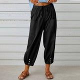 Lovemi - Damen Hose mit Kordelzug, Frühlings- und Sommerhose aus Baumwolle und Leinen mit Taschen und Knopf