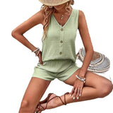 Women's Fashion Loose Sleeveless Solid Color Buttons Decorative Vest Two-piece Set