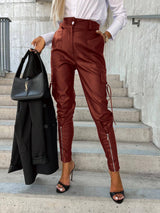 Lovemi -  Fashion Slim-fitting Leather Trousers Women Waist-cinching Zipper Design Pants With Pockets