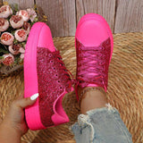 Lovemi - Glitzernde, flache Schuhe mit Pailletten-Design für Damen, trendige, lässige Sneakers mit dicker Sohle und Schnürung, modische Skateboardschuhe