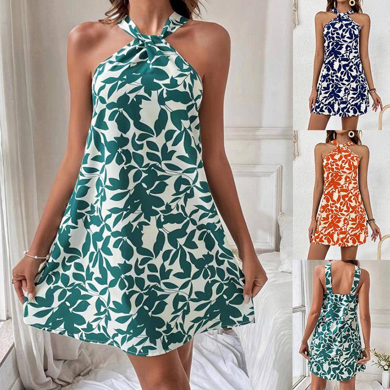 Fashion Leaf Print Halterneck Dress Summer Sexy Backless Short Dresses For Beach Vacation Womens Clothing