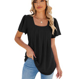 Lovemi - Sommer-T-Shirt mit eckigem Ausschnitt, plissiert, kurzen Ärmeln, lockeres, einfarbiges Oberteil mit Rüschen und hohlem Design für Damenbekleidung
