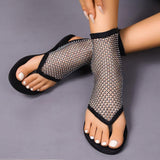 Lovemi - Modische Sandalen mit Strass-Mesh-Zehentrenner, flache Sommerschuhe, Flip-Flops, lässige Urlaubs- und Strandschuhe für Damen