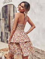 Lovemi - Sommerliches Neckholder-Kleid mit Aufdruck, modisches rückenfreies Boho-Kleid mit Rüschen, A-Linie, Strandkleider für Damen