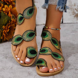 Lovemi - Modische flache Sandalen mit Pfauenstickerei-Muster, für den Sommer, den Urlaub, lässige Clip-Toe-Strandschuhe für Damen