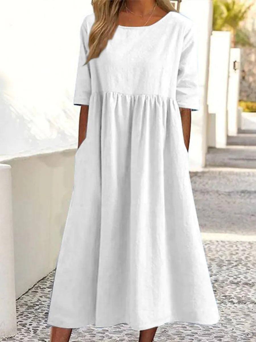 Women's Fashion Casual Cotton Linen Short Sleeve Pocket Dress