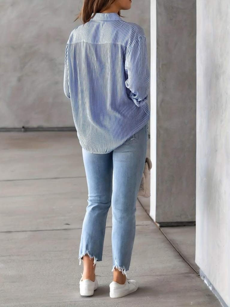 Ladies' Classic Striped Print Long Sleeve Shirt with Pockets – Casual & Functional