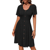 Lovemi - Sommerkleid mit U-Ausschnitt und kurzen Ärmeln und Knopfdesign, modisches, lässiges, einfarbiges Urlaubskleid für Damenbekleidung