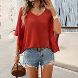 Lovemi -  V-neck Bat Sleeve Short-sleeved T-shirt Top Summer Casual Loose Hollow Sweater Fashion Womens Clothing