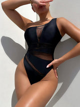 One-Shoulder Sleeveless One-Piece Swimsuit-Black-1