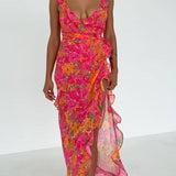 Lovemi -  Low-cut Sexy Sling Floral Skirt Split Printing Dress