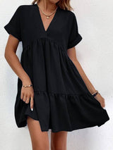Lovemi - Neues kurzärmliges Kleid mit V-Ausschnitt, lässiges, süßes Rüschenkleid für den Sommer, einfarbig, Urlaubs- und Strandkleid für Damenbekleidung