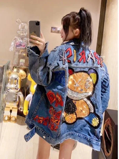 Oversized Denim Jacket with Cartoon Embellishments – Vibrant Street Style