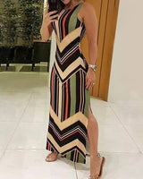 Lovemi -  Colorful Striped Print Side Slit Maxi Dress Women