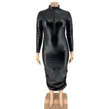 Lovemi - PU-Leder-Kleider für Damen in Übergröße 5XL mit Reißverschluss und langen Ärmeln, Stretch, elegantes schwarzes Maxikleid, Großhandels-Dropshipping