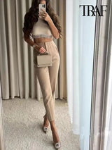 Lovemi - TRAF Damenmode Mit Taschen Lässige Basic-Einfarbige Hosen Vintage Hohe Taille Reißverschluss Weibliche Knöchelhose Pantalones Mujer