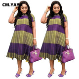 Lovemi - CM YAYA Lockere Kleider für Damen in Übergröße, zweifarbig, Patchwork, wadenlanges O-Ausschnitt, kurze Ärmel, lässiges, gerades Kleid 2021